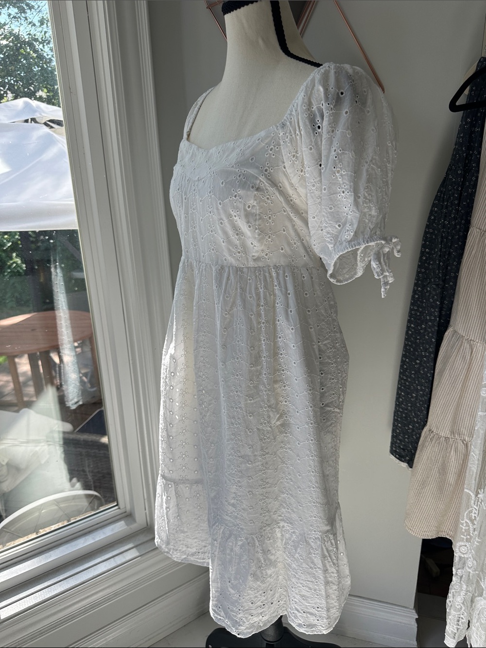 VERTICHE White Eyelet Puff-Sleeve Square Neck Babydoll Dress Cotton Size Large - Picture 6 of 16